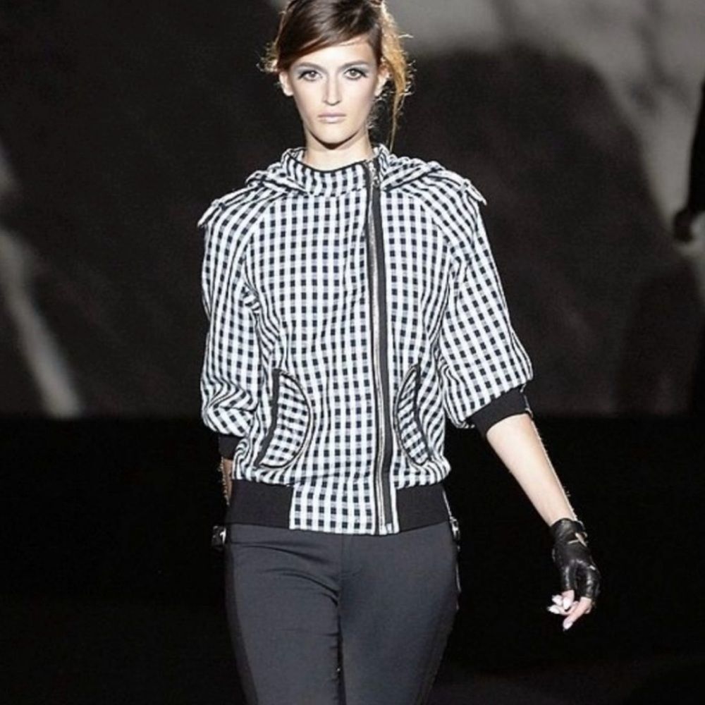L.A.M.B. Asymmetrical Gingham Double-Zip Hooded Bomber with Cropped Sleeves